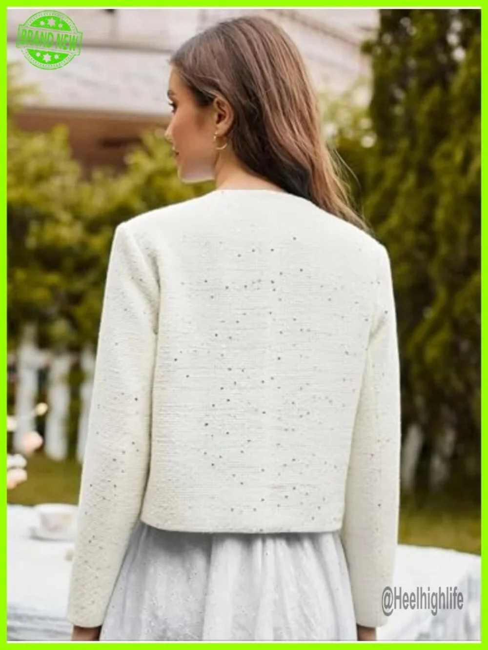 Short Tweed Sequin Blazer Casual Sparkly Jacket Round Neck